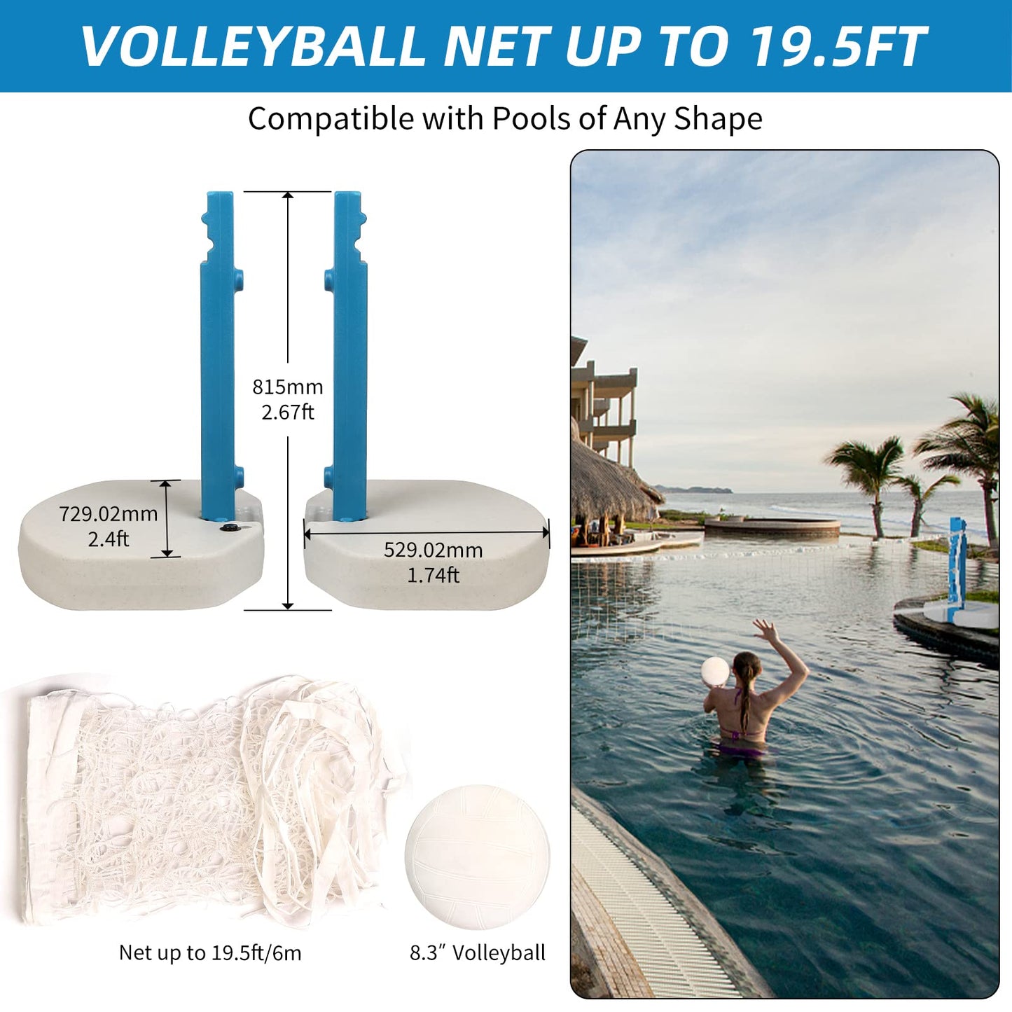 Blue Bay 2-In-1 Pool Basketball Hoop Poolside & Volleyball Set For Inground Pool Games Combo For Swimming Pool.