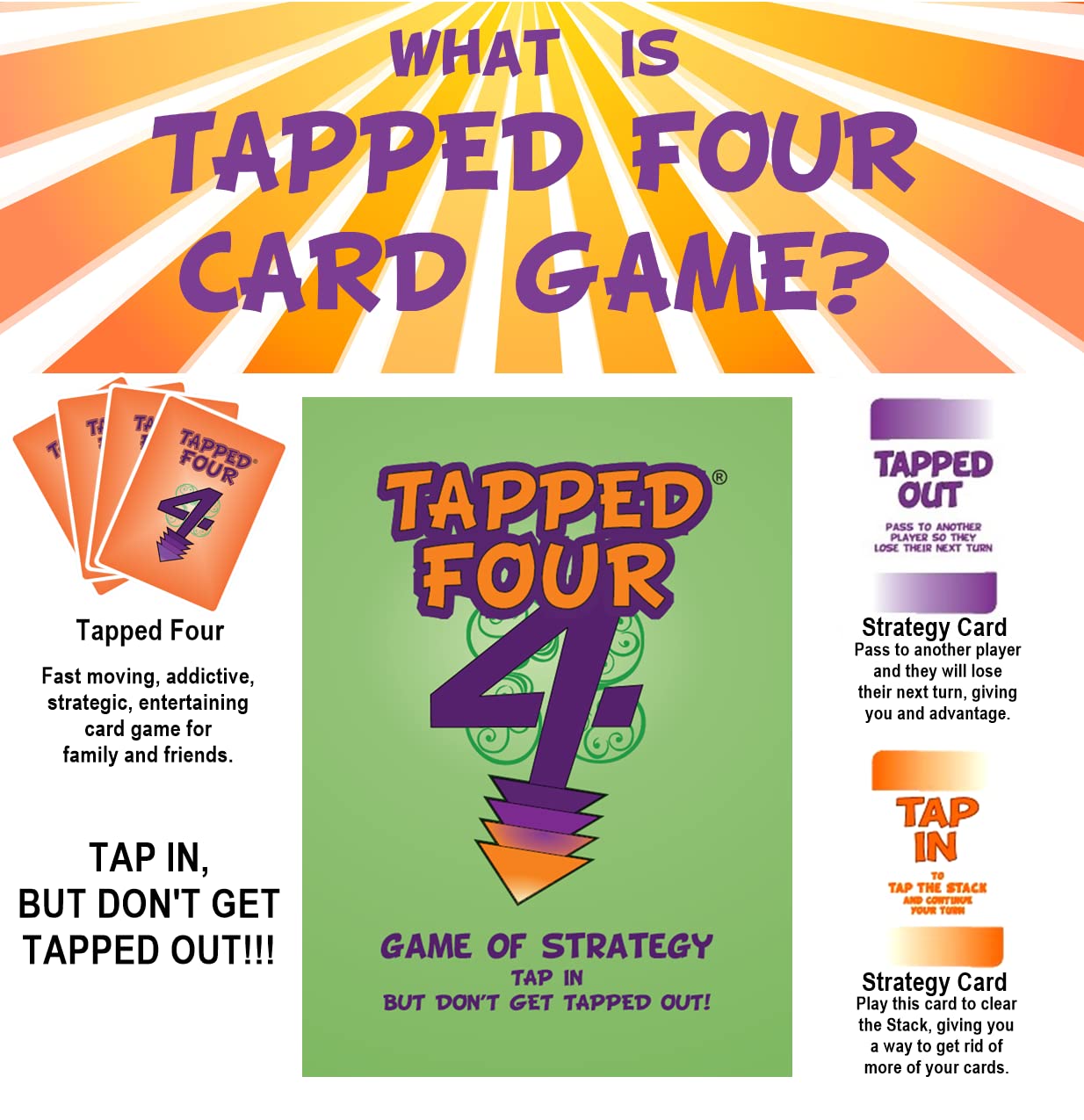 Tapped Four Card Game, 2 To 8 Players - Strategy, Luck, Laughter, Nonstop Fun For Family And Friends