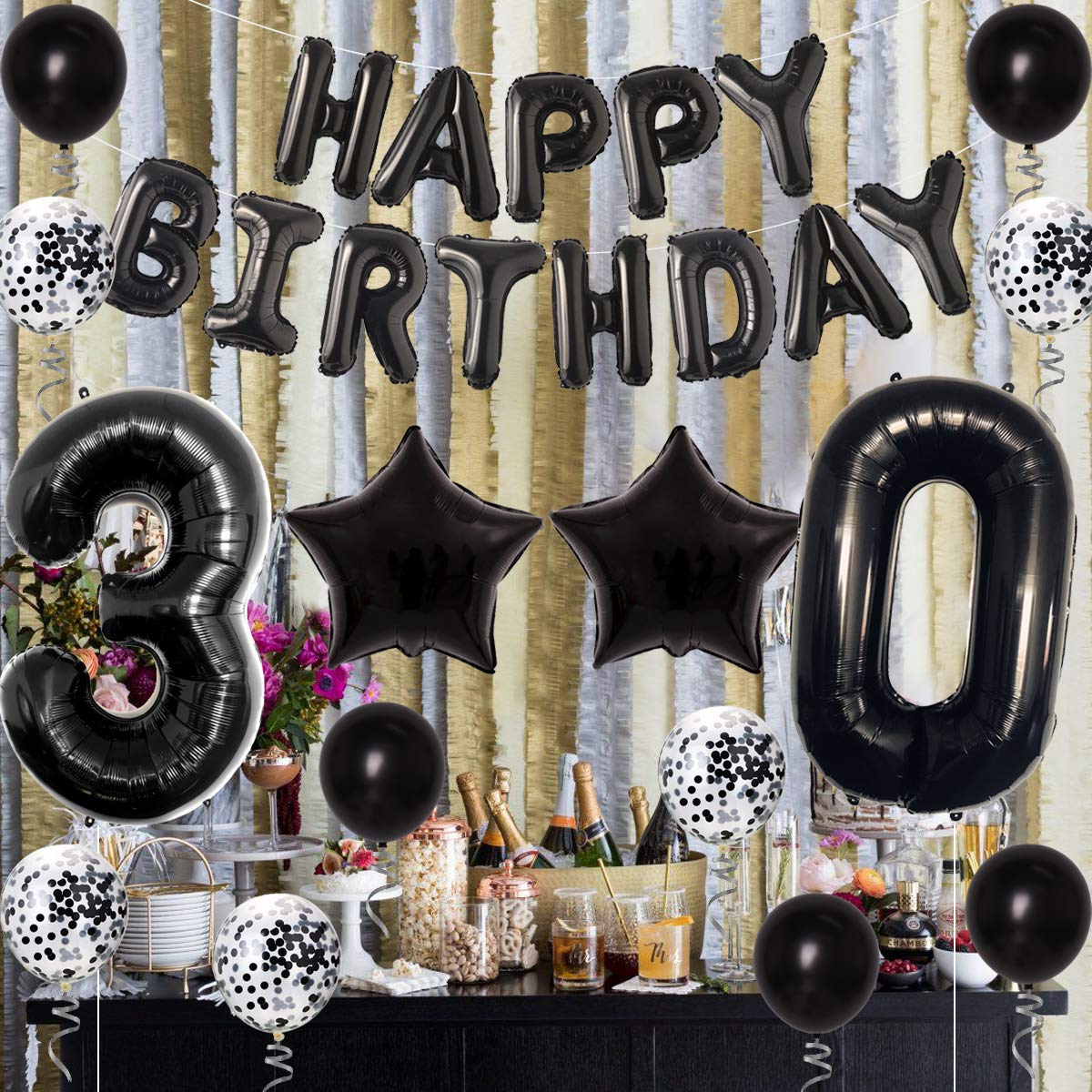 Joymemo 30Th Birthday Decorations Black - Dirty Thirty Foil Balloon & Cake Toppers, Happy Birthday Banner, Black Star Confetti Balloons, Foil Fringe Curtain For Men Women Thirty Bday Party Supplies