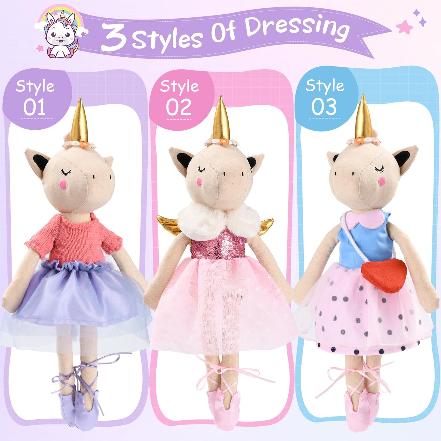 Toylink Ballerina Unicorn Doll Stuffed Animal Toys For Girls - Plush Bag | 3 Set Cloth Accessories | Ballet Shoes, Kids Pretend Play Doll Pet Care, Christmas Birthday Gift For 3 4 5 6 Year Old Girls