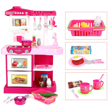 deAO Kitchen Playset Toy Pretend Food with Sounds and Lights Role Playing Game Pretend Food Playset for Toddlers,Pink