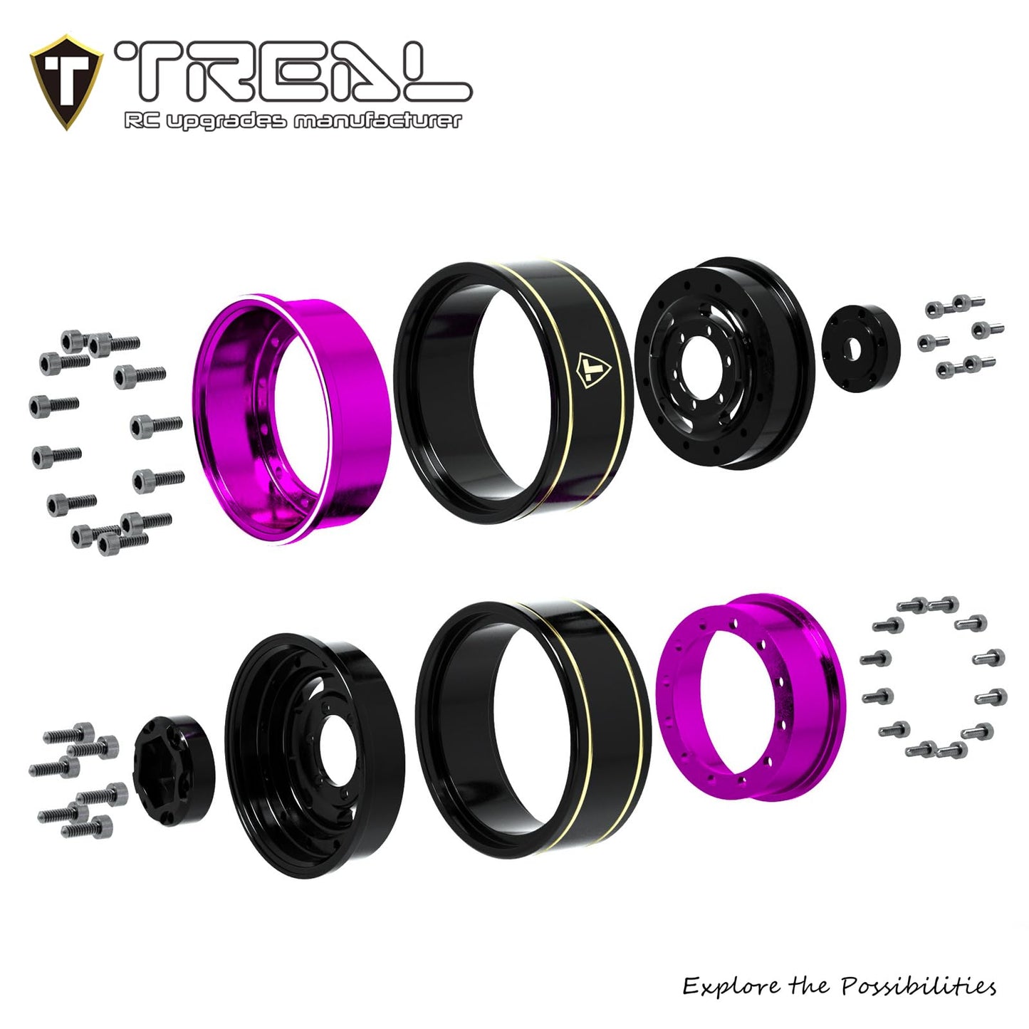 Treal 1.0 Beadlock Wheels Deep Dish Rims (4P) For Scx24 Ax24 Fcx24 Trx4M 1/24 1/18 Crawler Car-Type F(Purple)