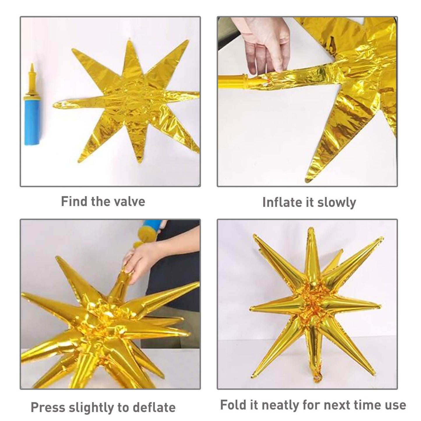 6 Pcs Gold Star Foil Balloons One-Piece 14-Pointed Star Balloons 4D Starburst Cone Mylar Balloons 22Inch Christmas Birthday Wedd