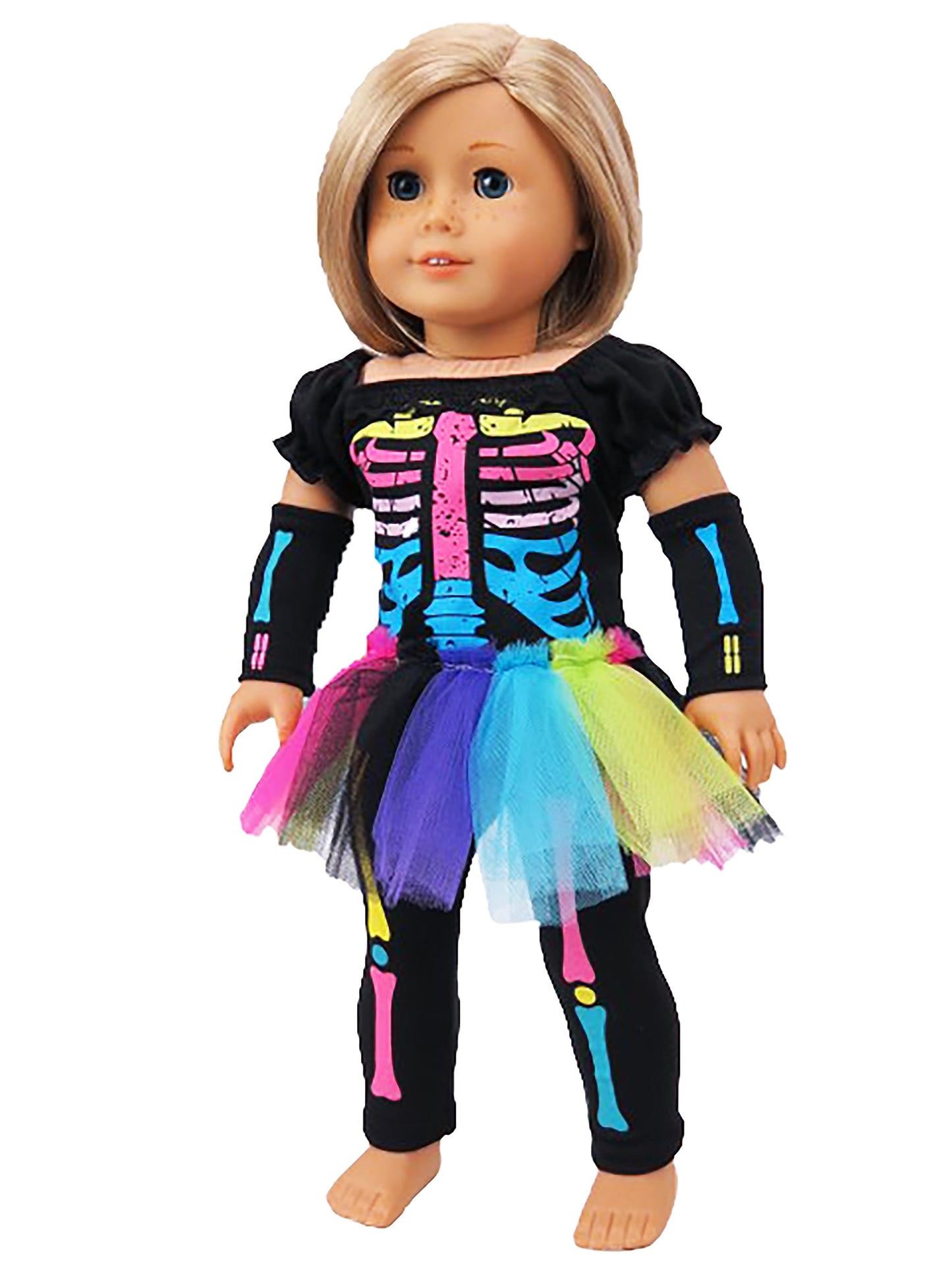 American Fashion World Electric Neon Skeleton Halloween Costume for 18-inch Dolls| enhanced Quality & Trendy Design | Dolls Clothes | Outfit Fashions for Dolls for Popular Brands