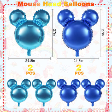 Mikimiqi 4 Pcs Mouse Head Foil Balloons, 24'' Mouse Mylar Balloon For Birthday Party Decorations Jumbo Mouse Head Aluminum Foil Balloons Party Favors Supplies (Blue)