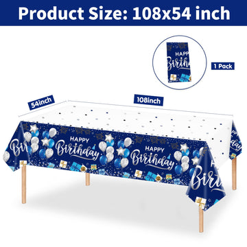 Duaiai Happy Birthday Decorations, 1 Pcs Navy Blue And Silver Birthday Tablecloth For Boys Girls Men Women, Plastic Disposable Rectangle Table Cover For Birthday Party Supplies- 54' X 108'