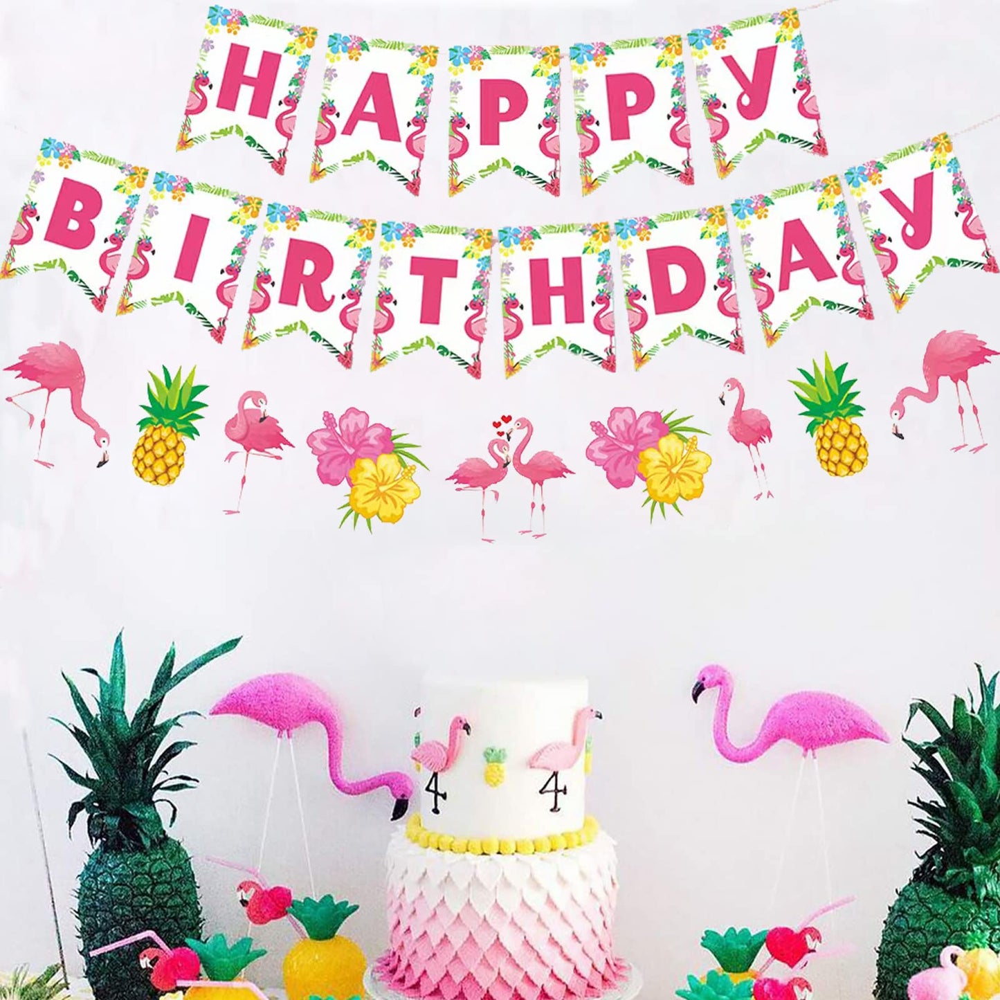 Zwiebeco Flamingo Birthday Party Decoration,Tropical Hawaiian Summer Theme Party Supplies,Flamingo Pineapple Banner Bunting Garl