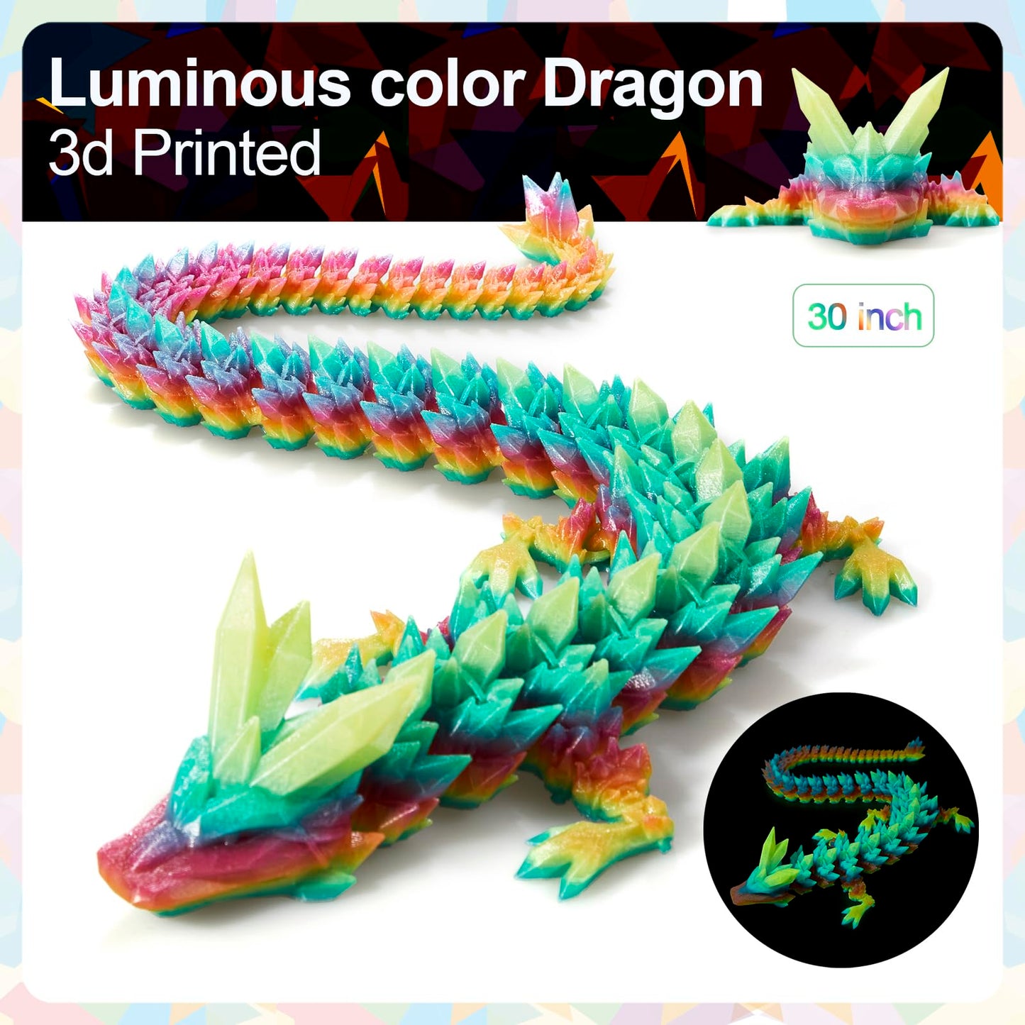 Meet Gladness 30 In 3D Printed Dragon, 30Inch Dragon,3D Dragon Toy,Large Dragon Present,Ariculated Crystal Dragon(Luminous Rainb