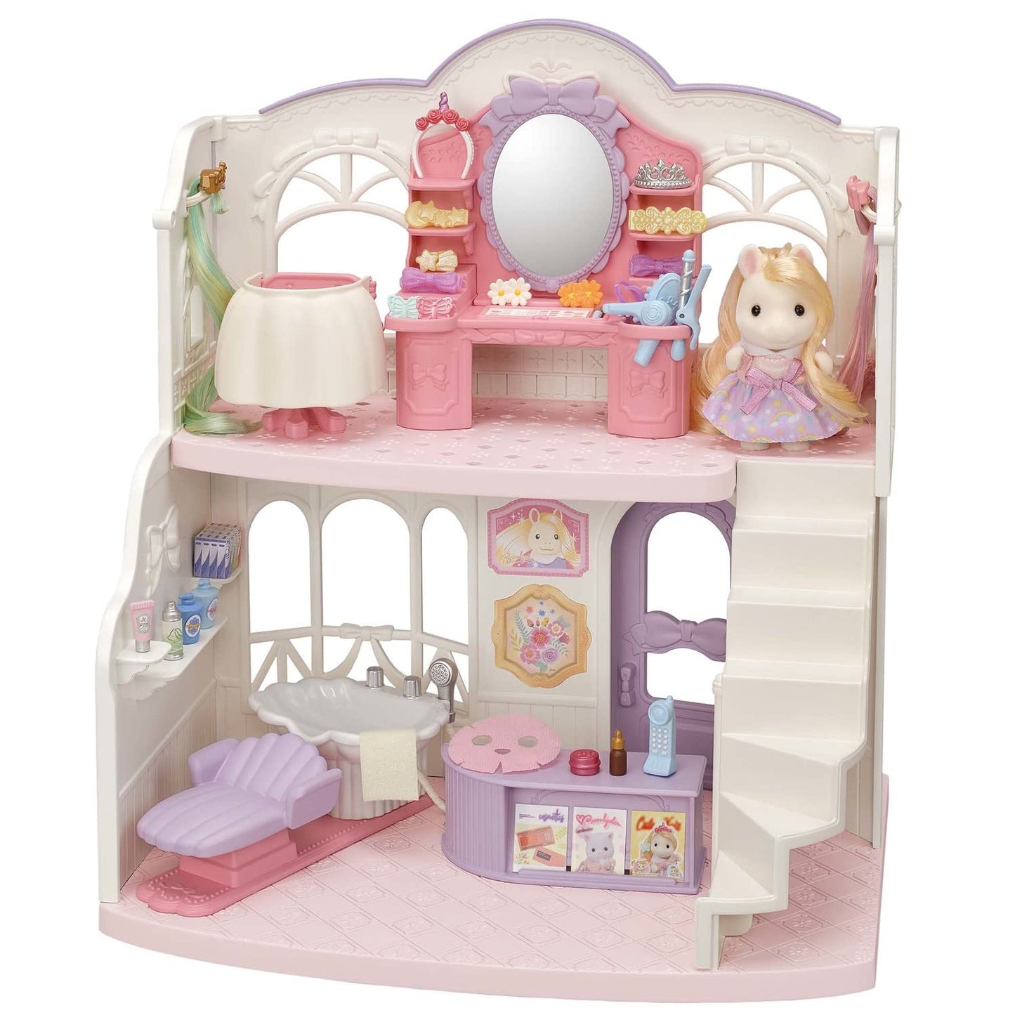 Calico Critters Pony'S Stylish Hair Salon - 2-Story Salon Playset W/ Poseable Figure & 40+ Hair Styling Accessories For Ages 3+