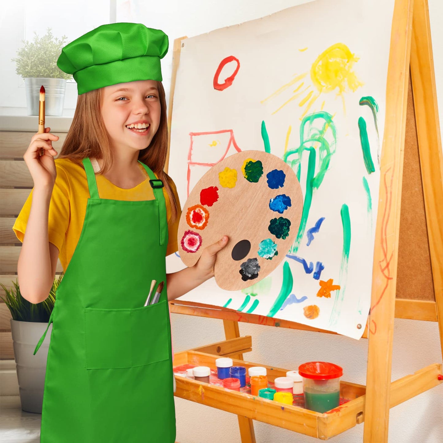 yarachel Kids Apron and Chef Hat Set - 8 Pieces Waterproof and Adjustable Child Aprons with 2 Pockets Kitchen Bib Aprons for Boy