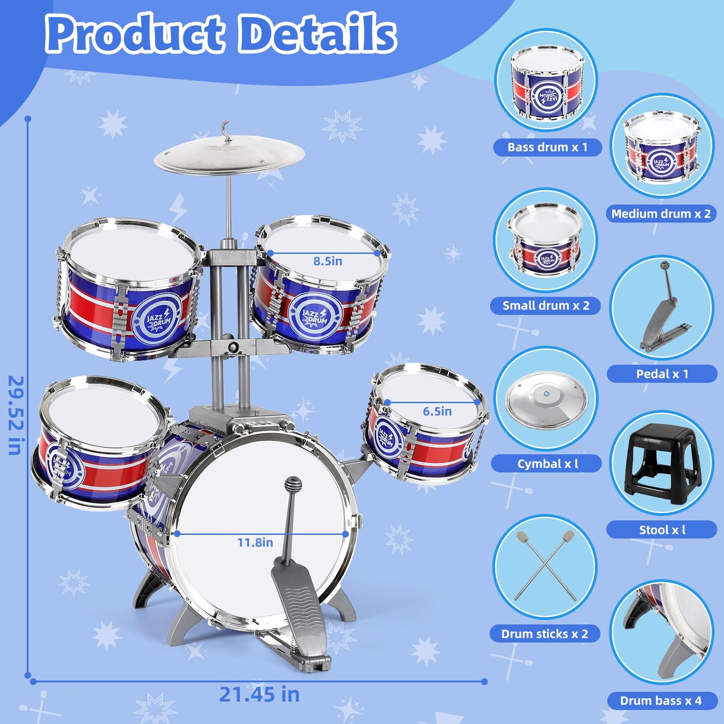 M Sanmersen Drum Set For Toddlers, Kids Drum Set With Stool, Upgraded Plastic Rock Jazz Drum Kit Musical Instruments Toys Gift For 2-8 Years Old Boys Girls