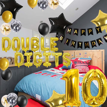 10Th Birthday Decorations For Boys, Double Digits 10Th Birthday Decoration, Black Gold 10Th Birthday Banner Number 10 Foil Ballo