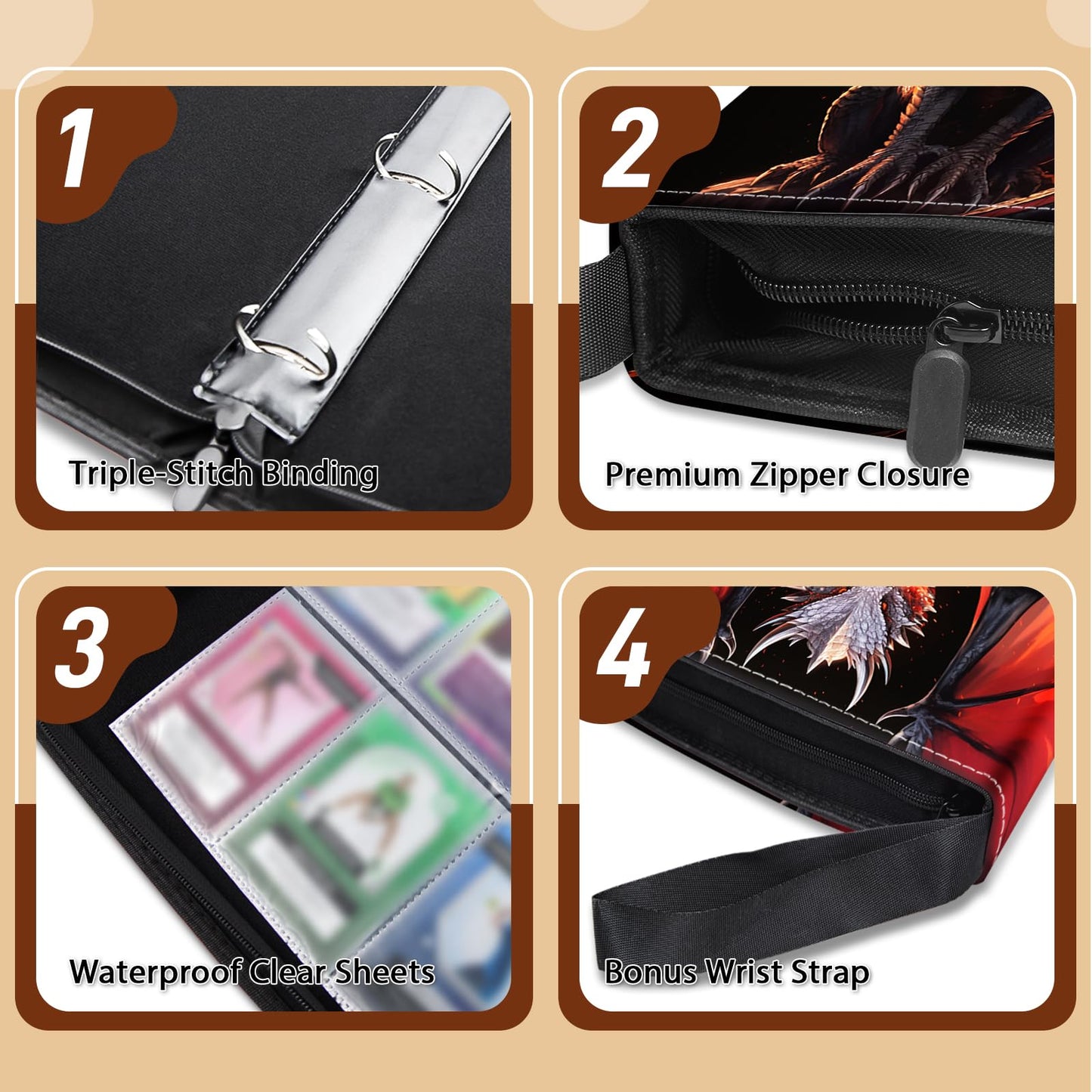 Wazzio 900 Pocket Dragon Card Binder Trading Card Storage Album with 50 Durable 9-Pocket Pages Dragon Design on Pocket Card Packs Gifts for Zipper Closure Collector's Album