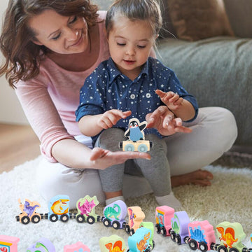 LovesTown Magnetic Train Set for Toddlers, Montessori Learning, Multi-Color, Medium Size, Wooden Cars with Animals