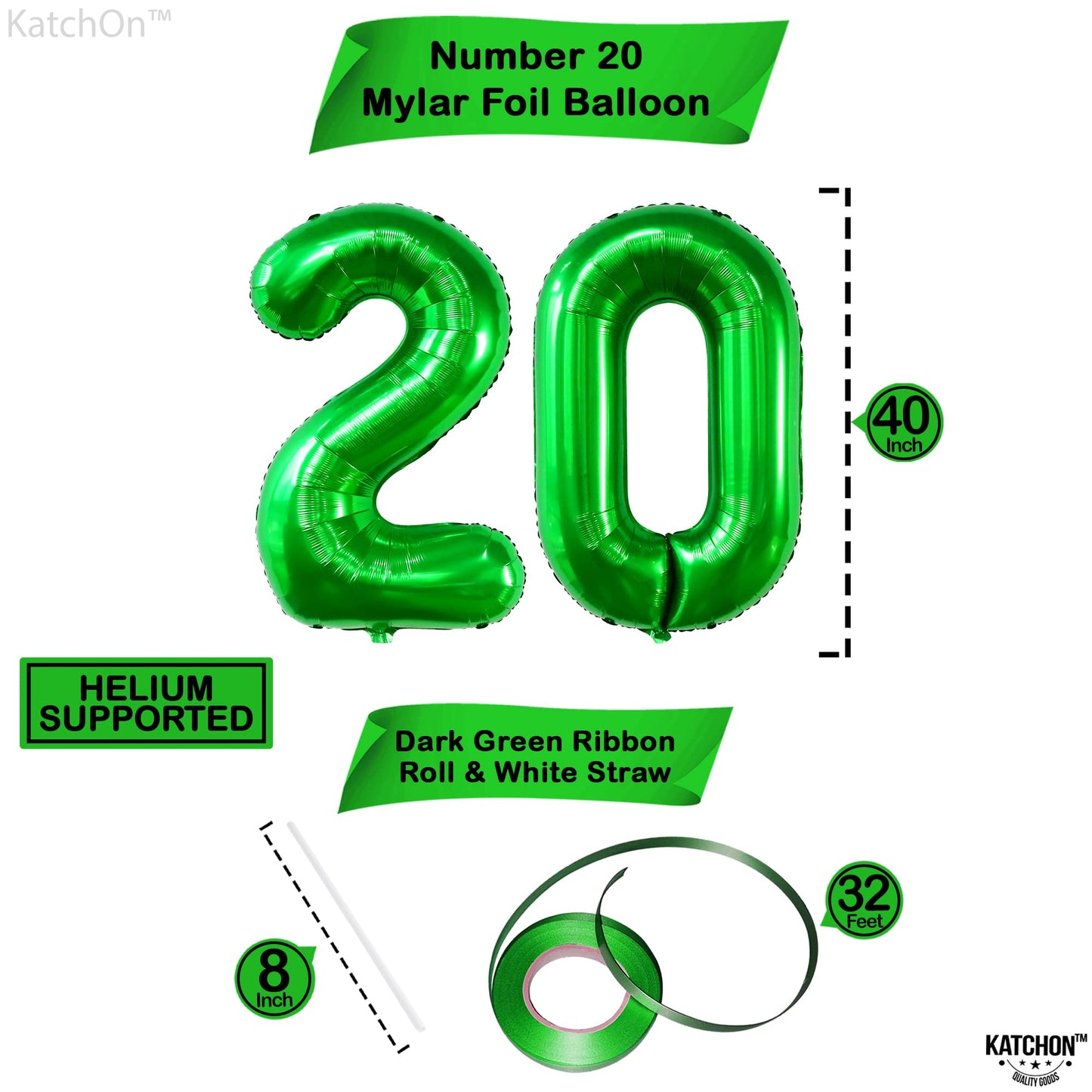 Katchon, Dark Green 20 Balloons Number - 40 Inch | Green Number 20 Balloon For 20Th Birthday Decorations For Men Green | 20Th Birthday Balloons For 20Th Birthday Decorations | 20 Balloon Number Green