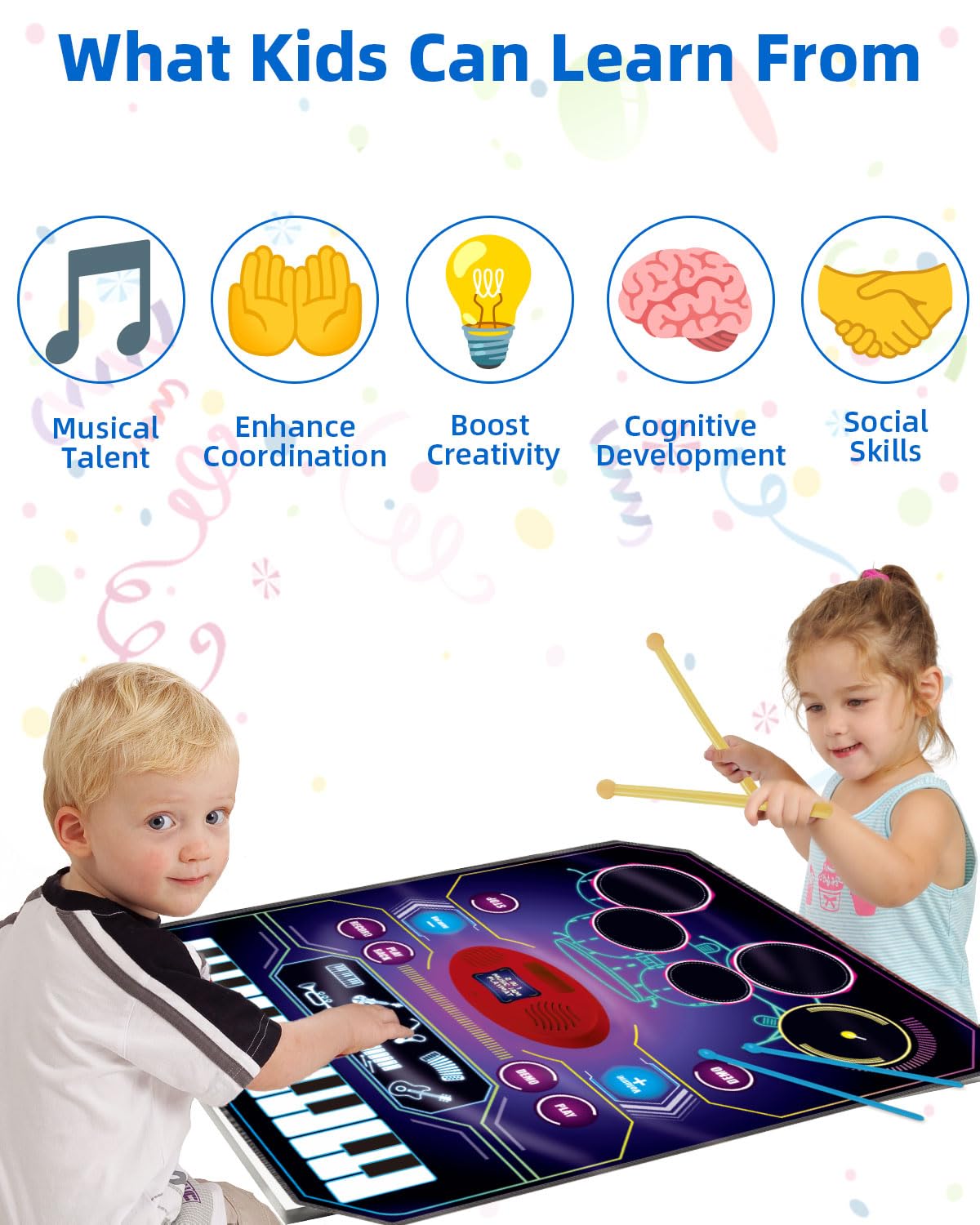 Sunlin 2-In-1 Music Jam Mat, Music Learning Toy For Boys Girls 3-6, Drum Set + Piano Mat, Toddler Birthday Gift 3 4 5 6 Years, Record & Playback, Built-In Songs, 8 Instrument Sounds, Volume Control
