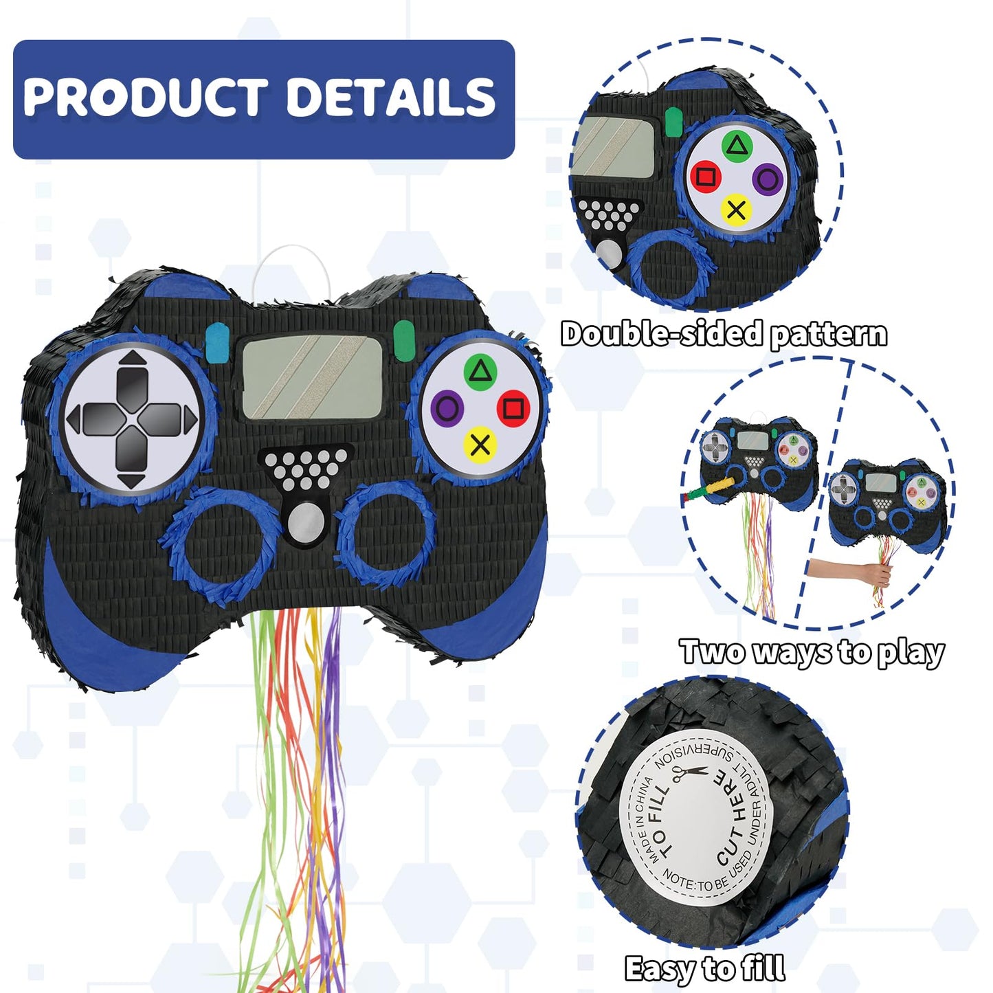 WERNNSAI Video Game Piñata - Game Controller Pull String Piñata with Bat & Blindfold for Kids Birthday Party - Blue, Paper Material