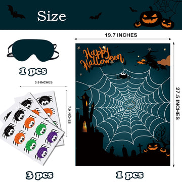 Boramdo Pin The Spider On The Web Halloween Party Game For Kids Web Poster With 24 Pieces Spider Stickers And A Blindfold For Ha