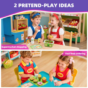HYES Kids Cash Register Toys, Rechargeable Wooden Toddler Pretend Play Supermarket & Fast Food Restaurant, Cashier Toy with Play