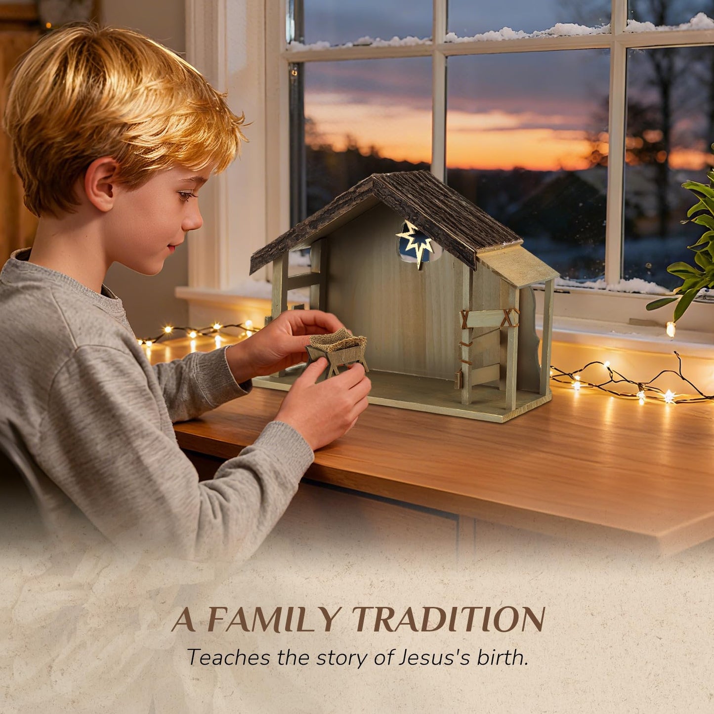 Storieme Nativity Stable with LED Lights: 15.6 x 11.02 Inch Christmas Wooden Manger Creche for 7 & 8 Inch Holy Family Figures - Farmhouse Religious Xmas Decorations (Stable Only)