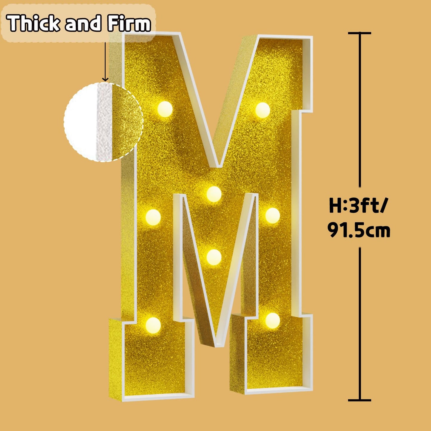 Imprsv Marquee Letters Gold 3Ft: Golden Party Decor - Light Up Letter M Large 3 Feet Tall - Party Decorations Letter For Marry M