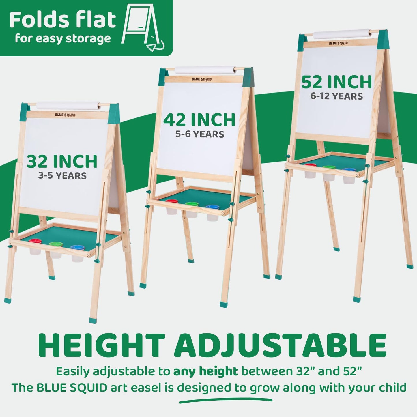 Blue Squid Art Easel for Kids Including 100+ Accessories - Double Sided Adjustable Wooden Painting Easel with Magnetic Chalk Boa