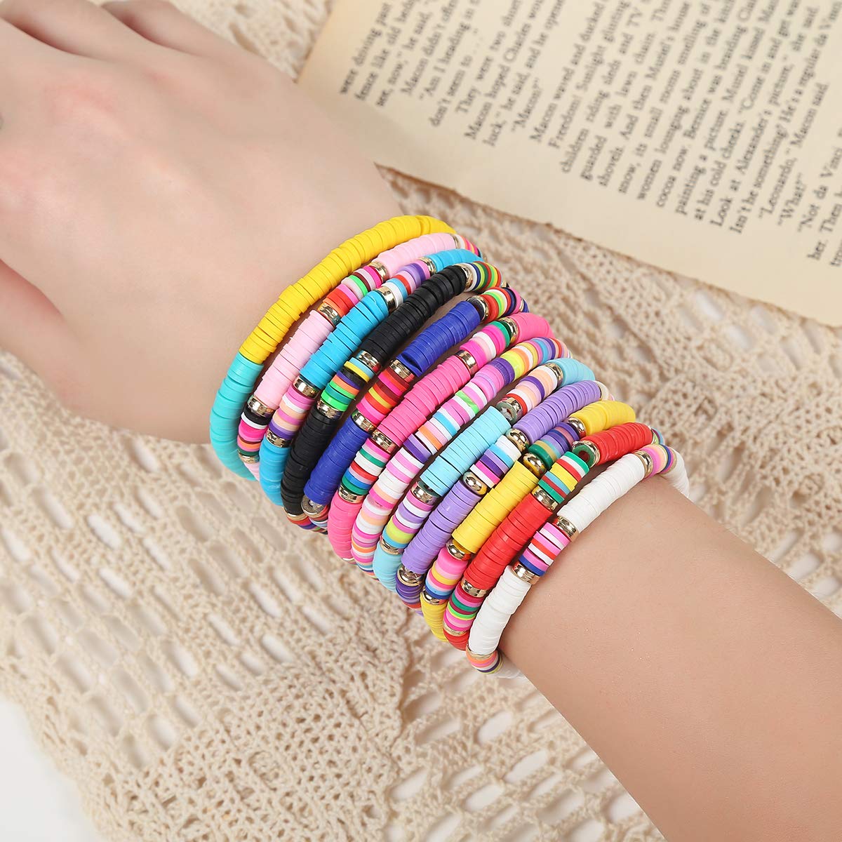 Cooluckday Heishi Surfer Bracelets For Women Vsco Boho Beaded Bracelet Friendship Polymer Clay Rainbow Bracelet Stack Vinyl Disc
