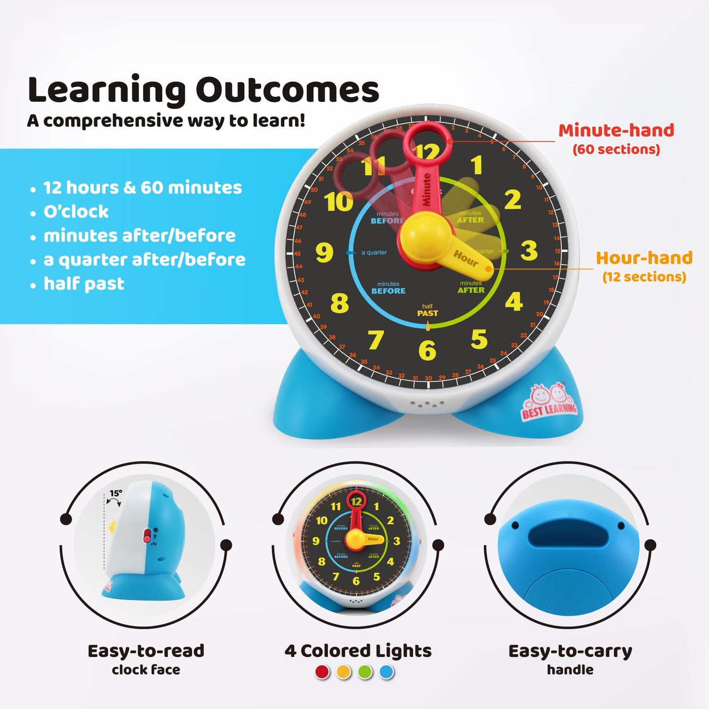 BEST LEARNING Learning Clock - Educational Talking Time Toy with Quiz & Music for Kids Ages 3-6 - Perfect Birthday Gift, Multicolor