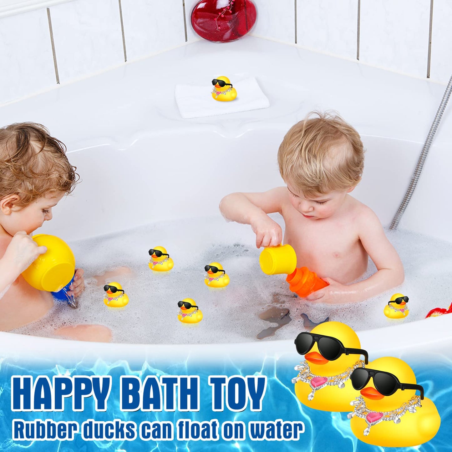 Chivao 12 Pcs Mini Rubber Ducks With Sunglasses/ Glasses And Hats/ Necklace, Cruise Rubber Ducks In Bulk Small Bathtub Toy For Hiding Party Favor(Fancy Style,Yellow)