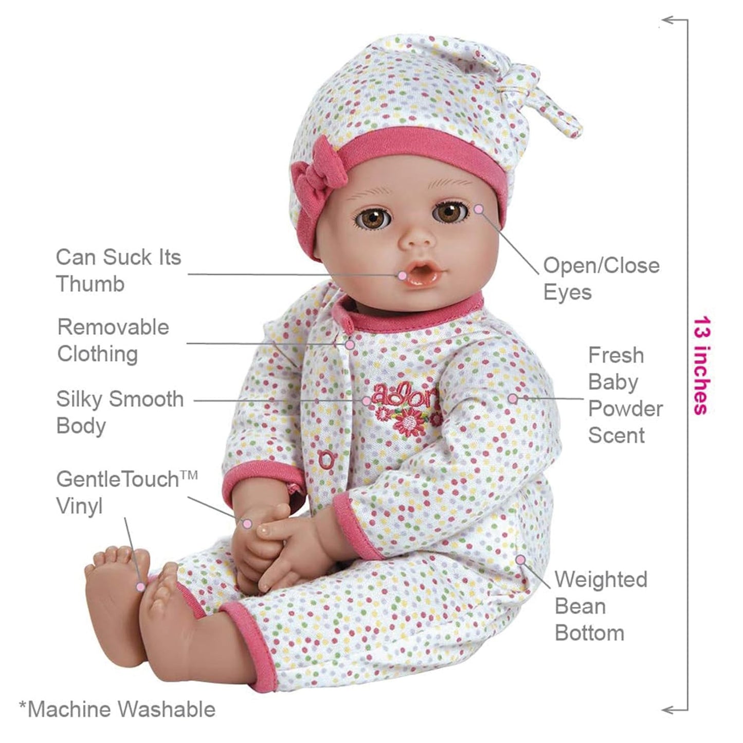 Adora 13" Baby Doll - Play Time Babies Collection, Vinyl Body, Sweet Baby Powder Scent, White/Pink, Model 20203003, Ages 1+