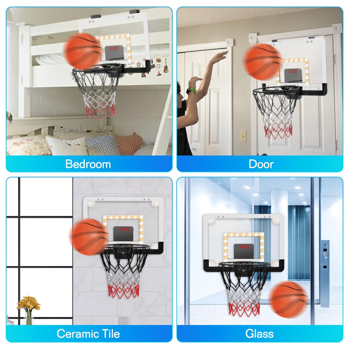 Cyfie Basketball Hoop Suction Cup, Led Light Basketball Hoop With Scoreboard, Hook, 3 Balls, Mini Indoor Basketball Toy Gifts For Kids Boys Youth Slam Dunk Games