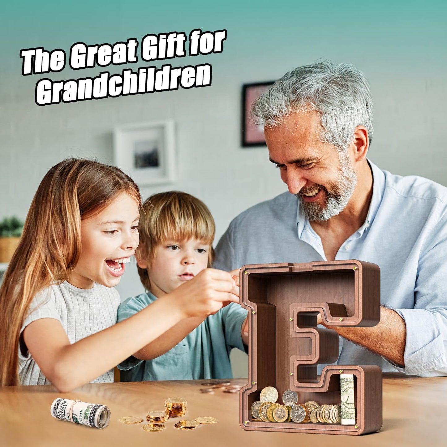 Summidate Wooden Letter Piggy Bank Extra Thick Large Capacity Piggy Bank for Kids Boys Girls Toddler Alphabet E Money Bank| Coin Box Birthday Christmas Festival