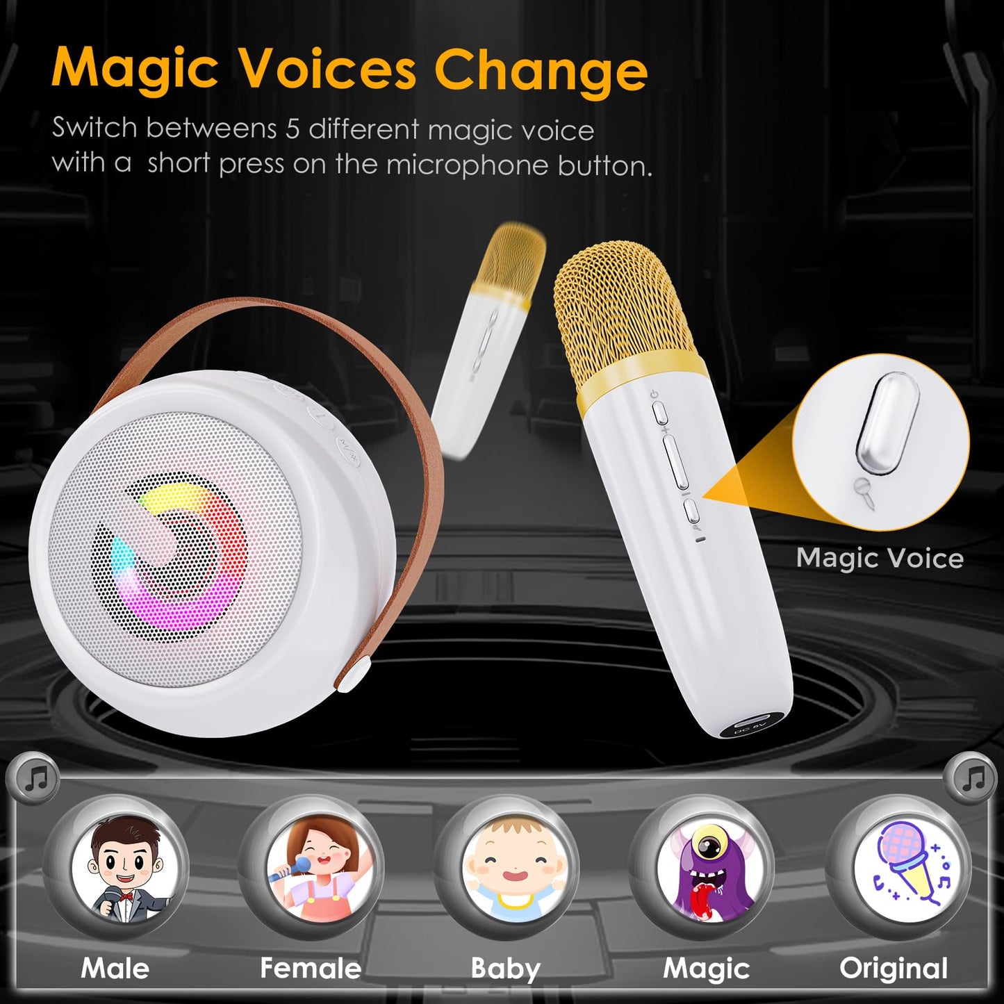 Mini Karaoke Machine For Kids, 2 Wireless Microphones & 4 Magic Voices, Led Portable Design For Indoor Outdoor Party Singing Fun