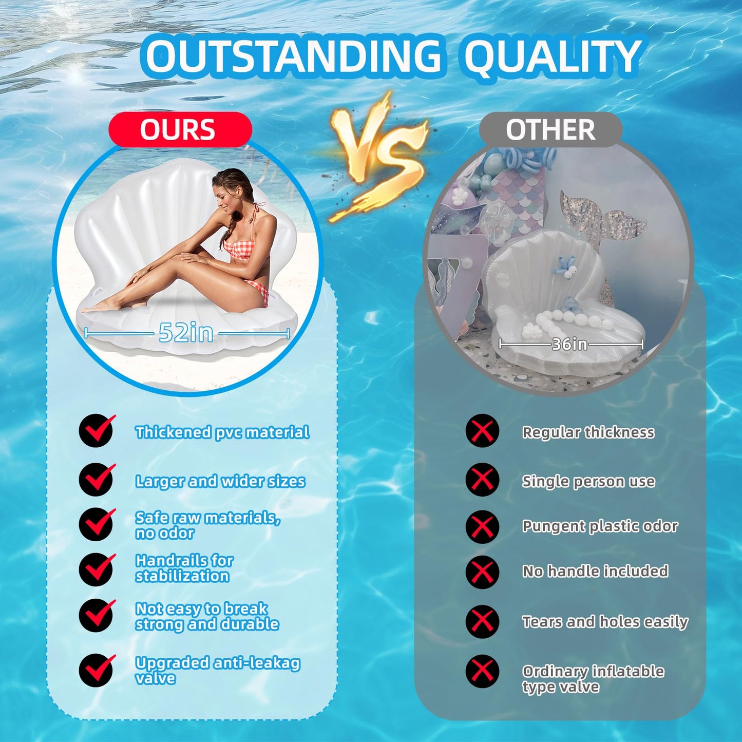 52'' Thickened Inflatable Seashell Pool Float, Giant Pool Floating Raft Chair With Pearl Balls, For Children'S Party, Ocean Them