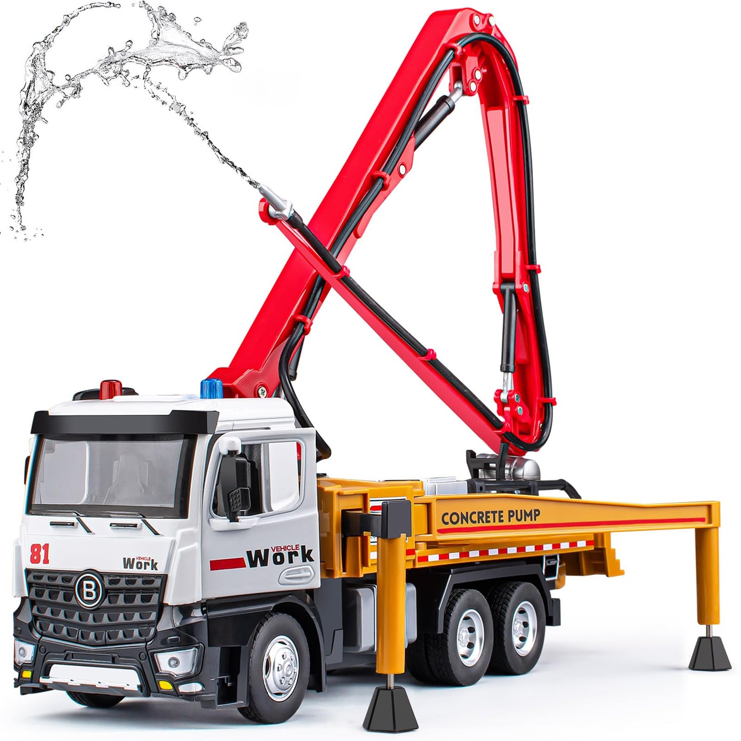Concrete Pump Truck Toy Metal Cab, Diecast Construction Trucks with Working Water Pump, Lights and Sounds, Construction Vehicles