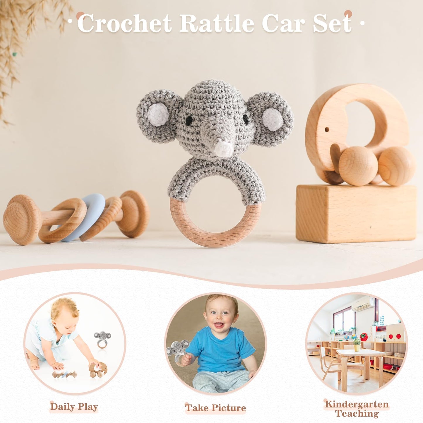 Wooden Baby Rattle 3 Pcs Push Car Rattle Set Crochet Rattle Ring Wooden Montessori Toy For Newborn Infant Baby Gifts (Elephant R
