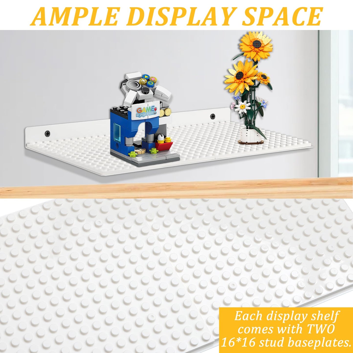 4-Pack Display Shelves for Building Bricks, Mini Action Figure Display Shelf with Brick Building Baseplate, Metal Floating Magne