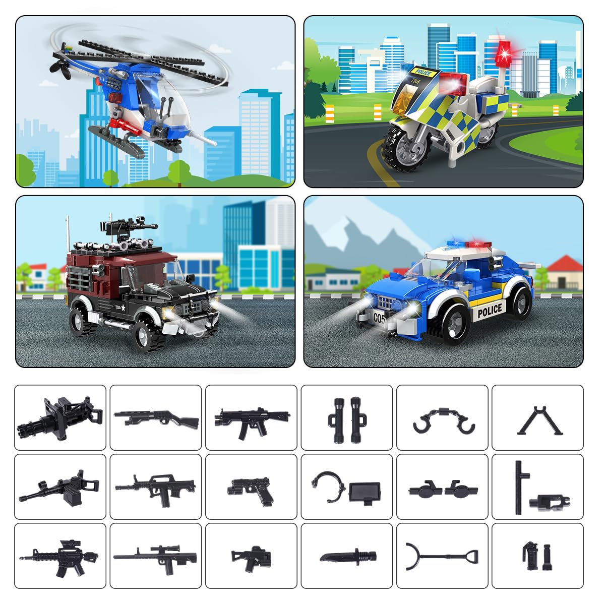 Hogokids City Police Station Building Set - 1260 Pcs Police Building Block Toys With Helicopter Motorcycle Police Vehicle Bandit Car, Stem Police Construction Toy For Kids Boys Girls Ages 8-12+ Years