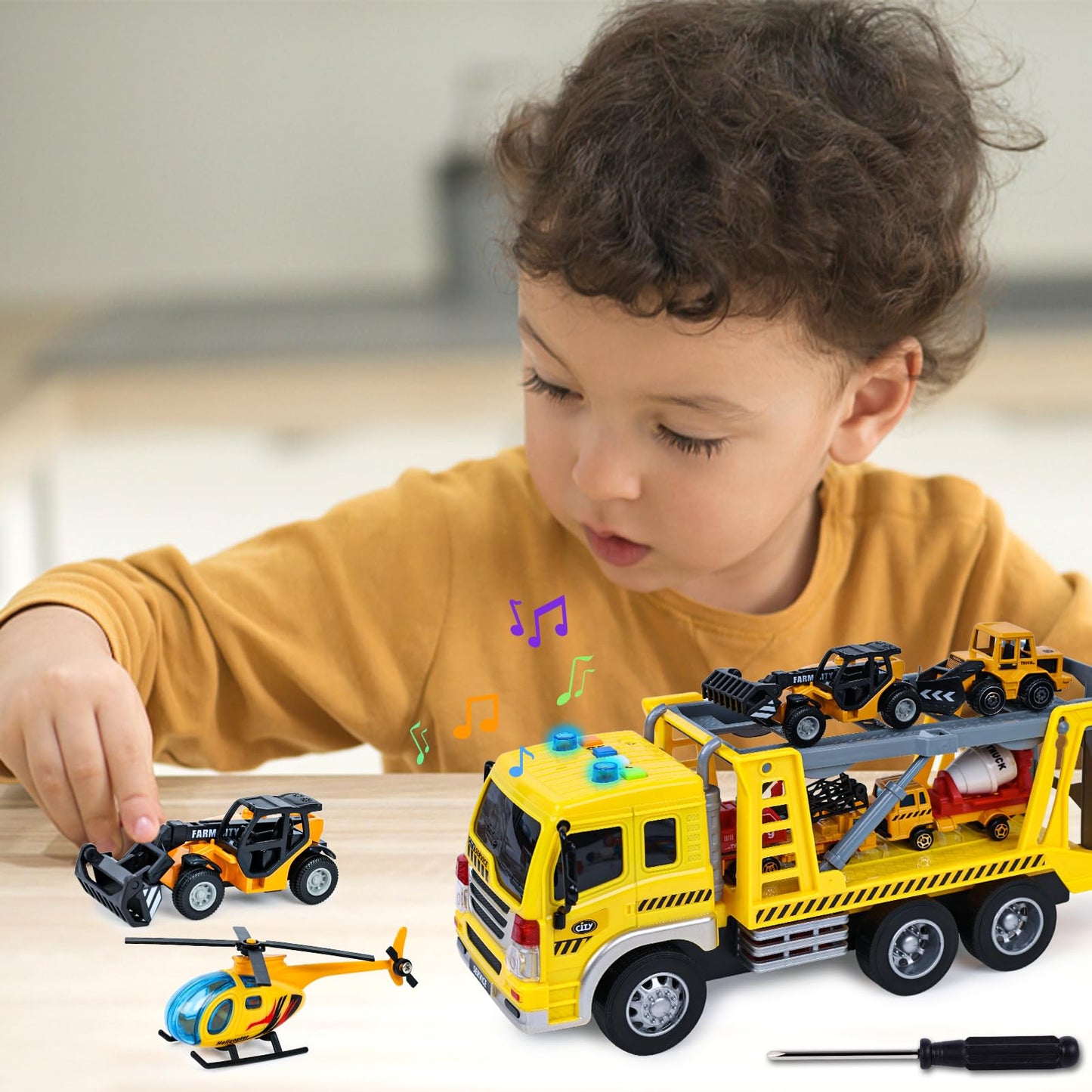 LovesTown 5PCS Construction Truck Toy Set, Large Truck with Lights and Sounds and Small Die-cast Engineering Trucks Helicopter S