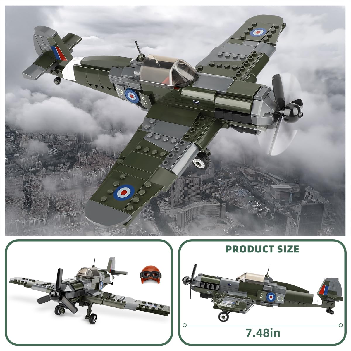 Toy Player Spitfire Fighter Military Ww2 Plane Building Set - With Sliding Features, Compatible With Lego Plane, Rotating Propellers, And An Open Cockpit Door