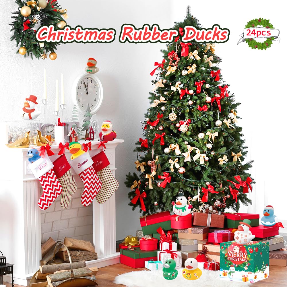 24Pcs Christmas Rubber Ducks,Mini Christmas Ducks Bath Toys Assorted Duckies (2'') For Kids,Christmas Party Favors,Christmas Sto