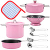 Kids Play Kitchen Toys Pretend Cooking Pink Stainless Steel Pots And Pans Metal Kitchen Set With Utensils (11 Pieces)