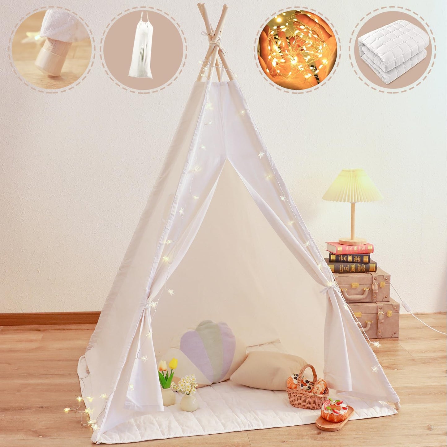 Teepee Play Tent For Kids With Padded Mat & Lights & Carry Case Playhouse For Girls Boys(White)