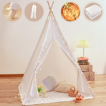 Teepee Play Tent For Kids With Padded Mat & Lights & Carry Case Playhouse For Girls Boys(White)