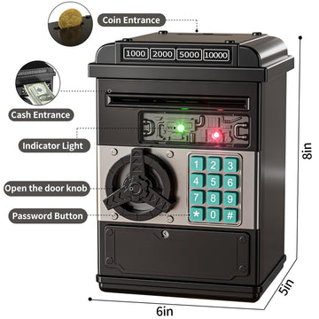 Temi Piggy Bank For Kids, Electronic Coin Money Bank For 3 4 5 6 7 8 9 10 Year Old Boys Girls Gifts, Cash Coin Can Atm Bank For Kids 5-7, Christmas Birthday Gifts (Black)