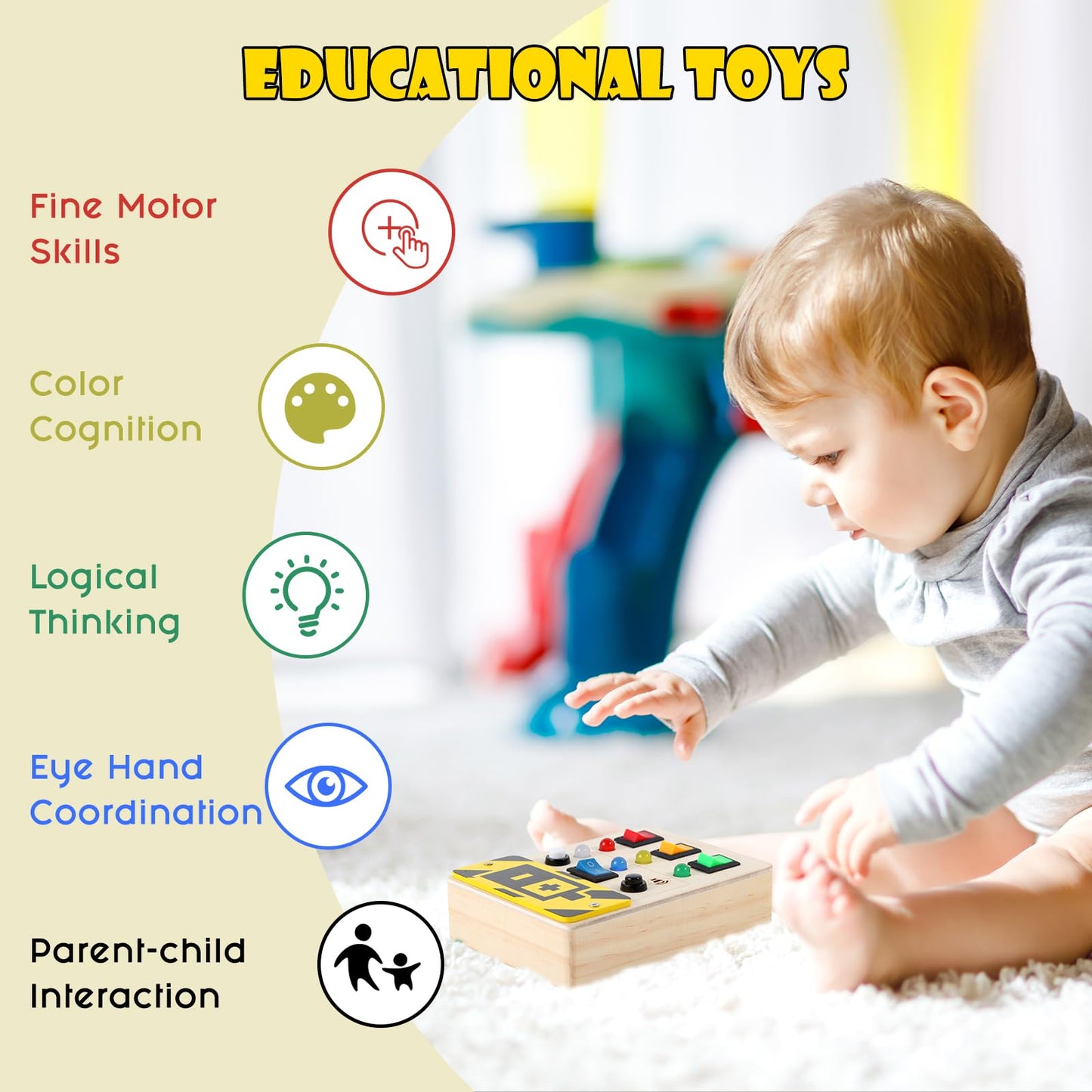 Asweets Montessori Busy Board For Toddler,Wooden Busy Board With Led Light Switches,Sensory Autism Toys Baby Travel Toys,Boys Girls Gifts For Birthday Christmas