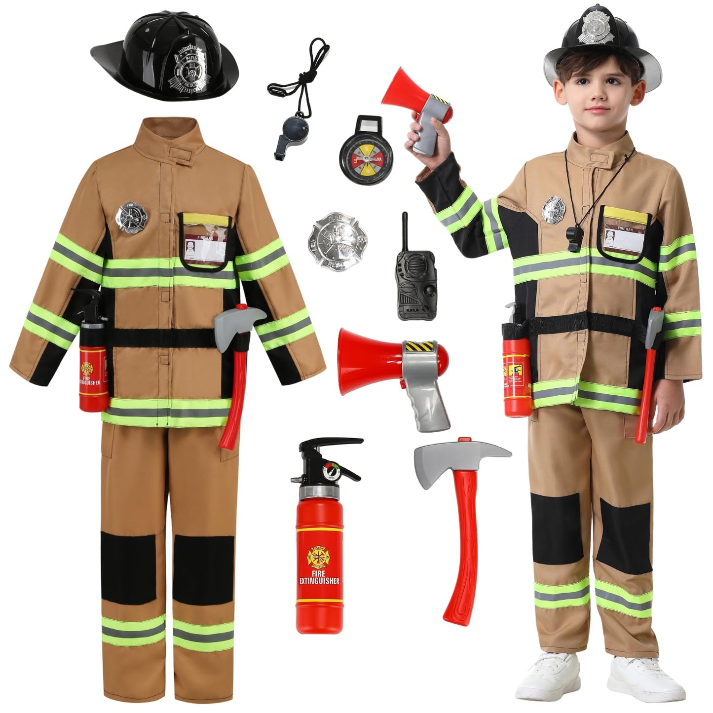 yolsun Kid's Fireman Costume, Boy Firefighter Dress up, Fire Fighter with Toy Accessories Halloween Role Play (11 pcs, 4-5 Years