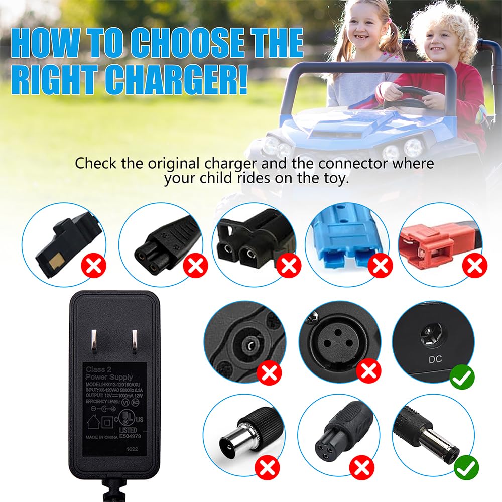 Hnndlra 12V Battery Charger for Kids Ride On Cars - Universal Black Charger for Wrangler SUV, Kid Trax, Dynacraft Toy Vehicles