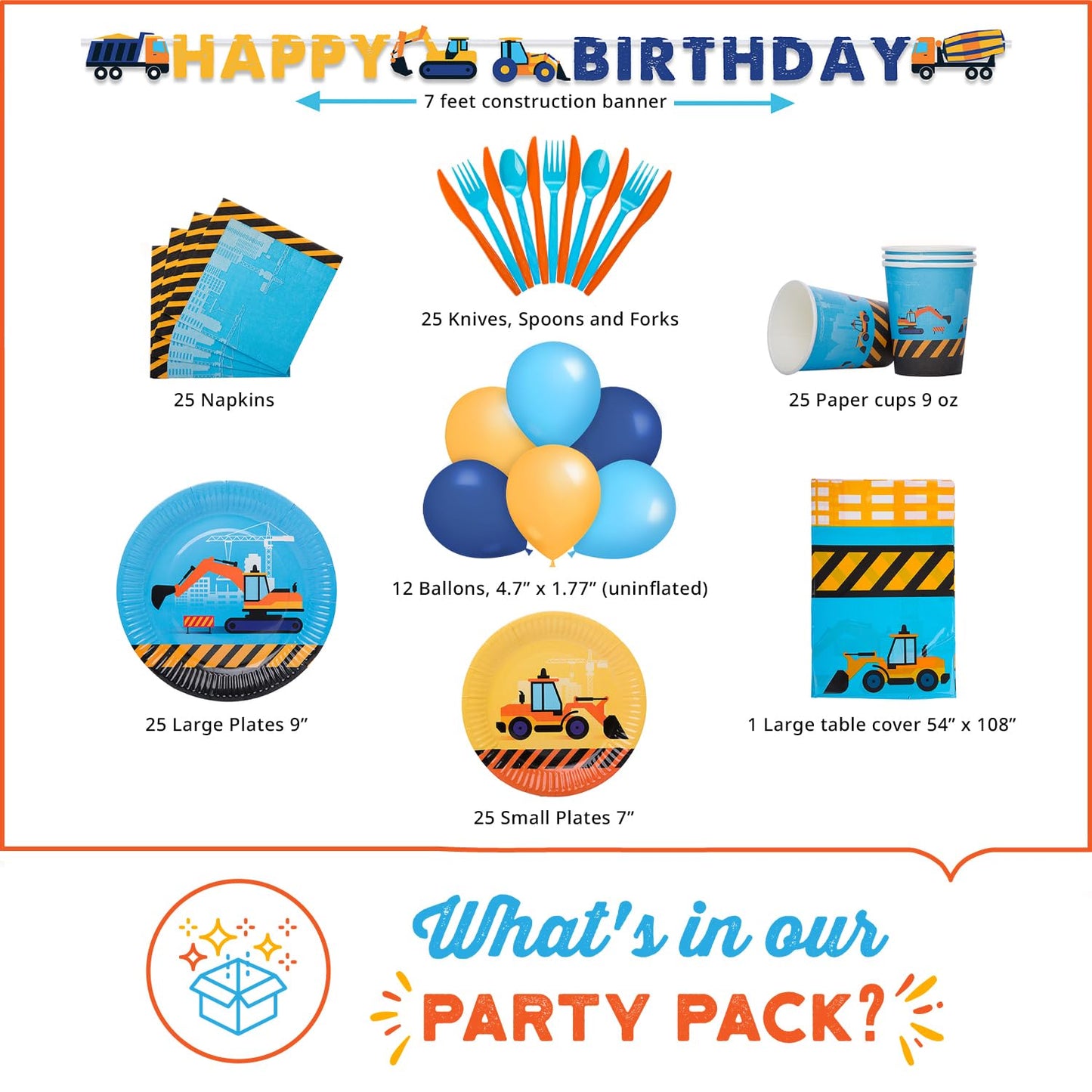 Construction Birthday Party Supplies Set | Baby Boy Toddler Kids Dump Truck Car Tractor Transportation Decorations – Cups Plates Signs Napkins Tablecloth – Decorations For Boys And Girls – Serves 25