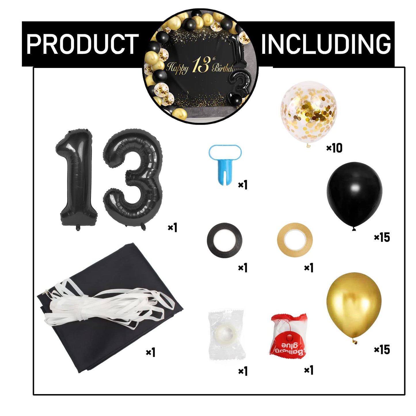 Happy 13Th Birthday Balloons Black Set Decor - Cheers To 13 Years Old Party Theme Garland Banner Backdrop Decorations For Boy An
